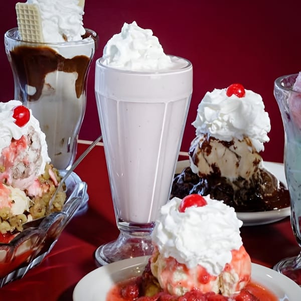 Assortment of Mayberry ice cream sundaes, milkshakes, and desserts with whipped cream and cherries.