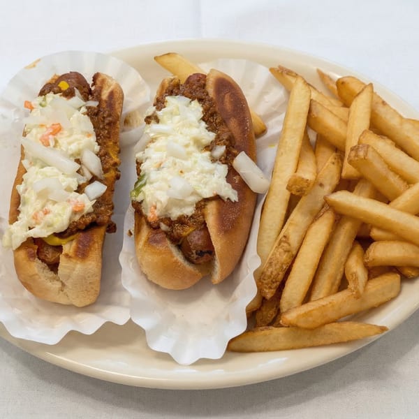 Two chili dogs with coleslaw and a side of golden french fries on a white plate.