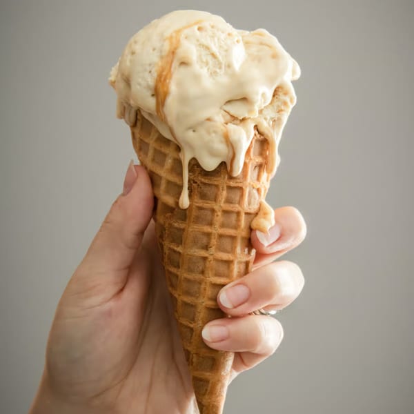 A hand holds a melting scoop of Mayberry ice cream with caramel drizzle in a waffle cone.
