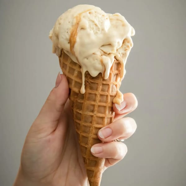 A hand holds a waffle cone with melting scoops of vanilla ice cream drizzled with caramel.